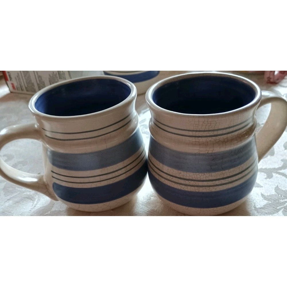 Pair Of Pfaltzgraff Rio Coffee Mug Tea Cup Blue Stripe Pottery Made in Mexico